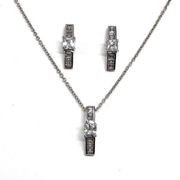 Sterling Silver CZ Bar Design Pendant Necklace & Earrings set - Picture 2 of 9
